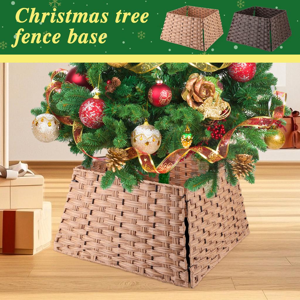 Christmas Tree Collar Foldable Xmas Tree Faux Rattan Cover Woven Rattan Tree Base Cover for Christmas Tree Ring Skirt Basket