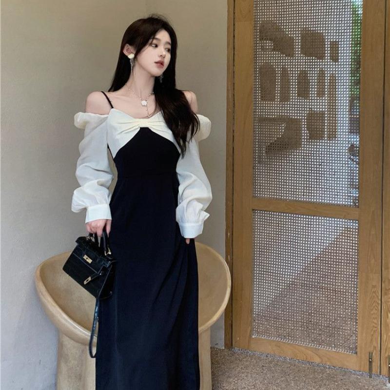 Темпераментное женское платье с длинными рукавами в стиле Хепберн, тонкая, с высокой талией, черная длинная юбка с лямкой на шее, плиссированная молния с дизайном