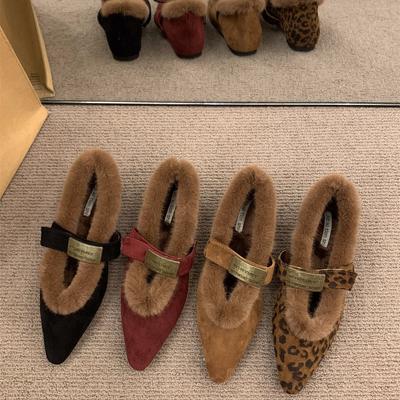 Туфли Мэри Джейн на скрытой платформе с острым носком и леопардовым принтом, пушистые женские туфли 2025 новая коллекция осень-зима, бархатные теплые хлопковые туфли, одинарные туфли