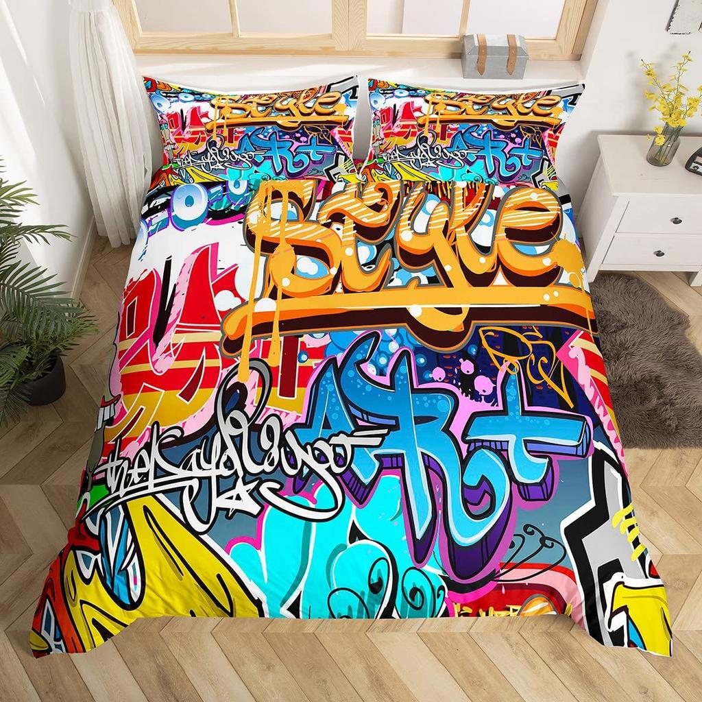 Rock Music Graffiti Duvet Set, Hip Hop Art Bedroom Supplies Quilt Set Three-Piece Set
