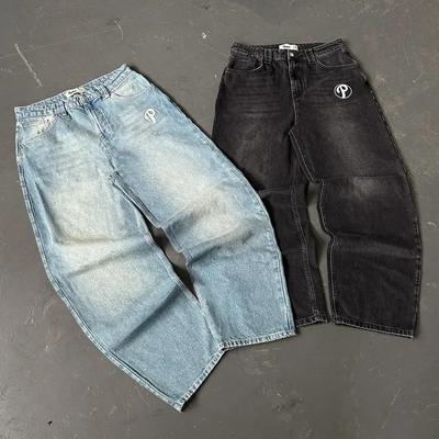 Джинсы GLYDE Streetwear Y2K Мужские Брюки Харадзюку Хип-Хоп Вышивка Буквами Винтажные Синие Мешковатые Джинсы Высокая Талия Широкие Штаны