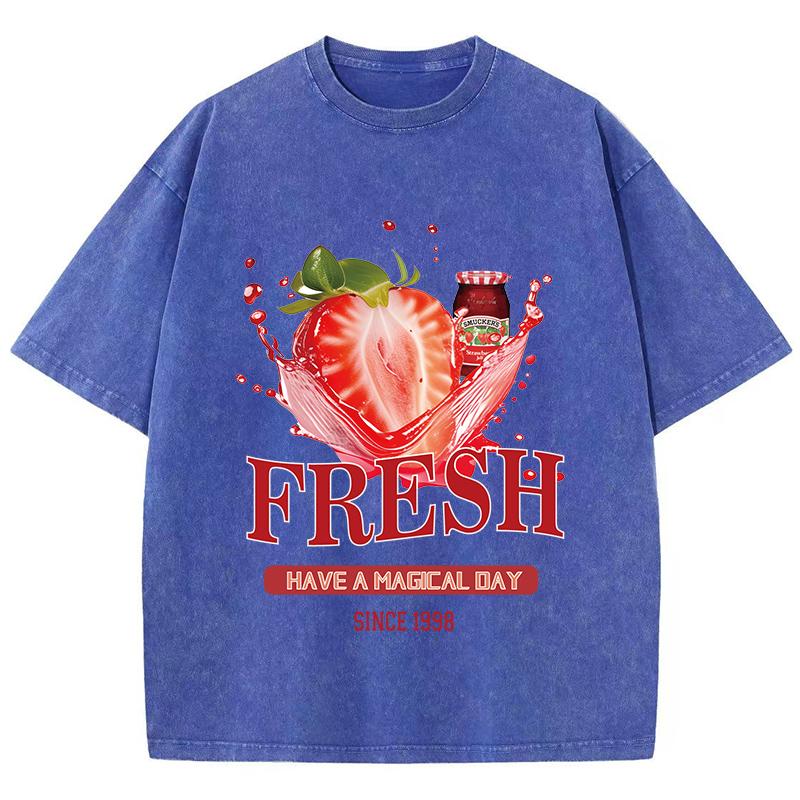Хлопковые женские футболки с кислотной стиркой, футболки с принтом свежей клубники, оверсайз, удобные, с круглым вырезом, с коротким рукавом, повседневная одежда