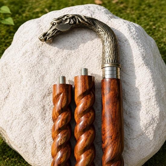 93.98 cm Horse Head Walking Cane Brass Handle Handmade Spiral Wood Stick Gift Idea