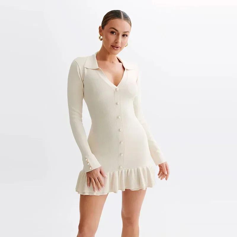 Элегантное трикотажное мини-платье с оборками, женское пэчворк, длинный рукав, V-образный вырез, бант, открытая спина, однобортное платье, женское вечернее платье