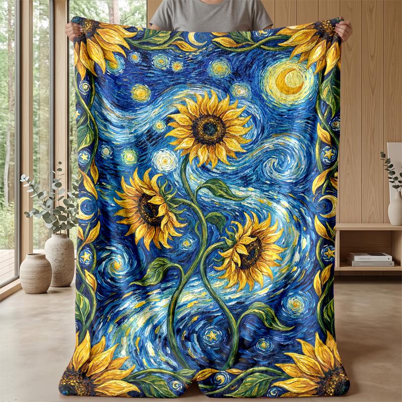 Sunflower Starry Night Theme blanket Lightweight Warm Flannel Blanket Decorative Throw Blanket for Home Decoration