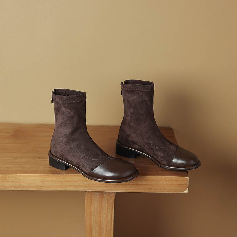 Krazing Pot Флок Осенне-зимняя обувь Низкий каблук Размер 43 Стрейч-сапоги Задняя вставка Прямой стиль Эластичные ботильоны