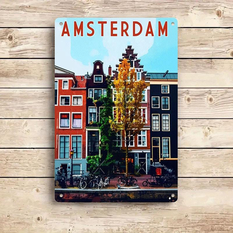1 piece: Amsterdam city scene tinplate painting, European retro architectural decorative painting, living room/bar wall decorati