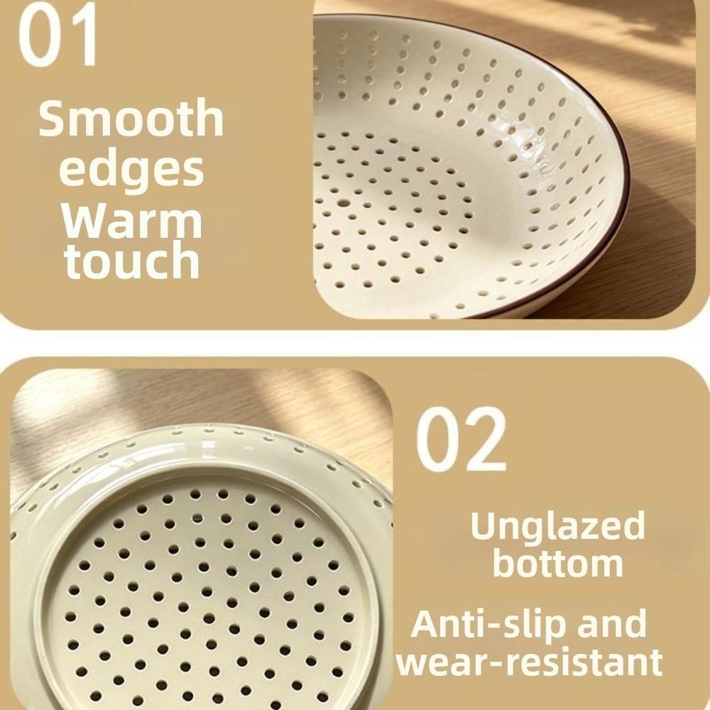 Ceramic Porous Steaming Tray Brown Rim Drain Plate Drain Tray Round Steaming Grid Restaurant
