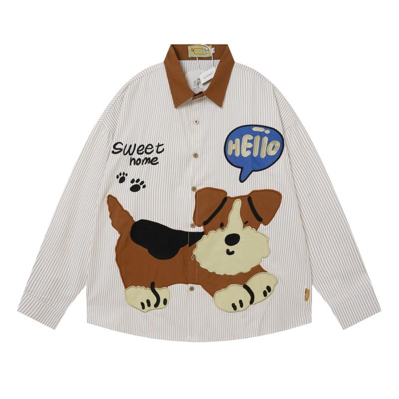 American Vintage Striped Shirt Men Women Dog Embroidery Loose Fit Casual Long Sleeve Top