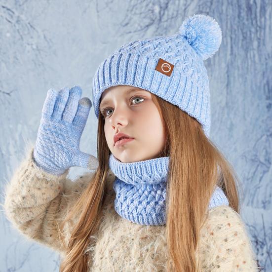 Kids Winter Hat Gloves Scarf Set Cold Weather Knitted Bear Hat with Pom Fleece Lined Neck Warmer Mitten Set for Girls Boys Ages 4-10