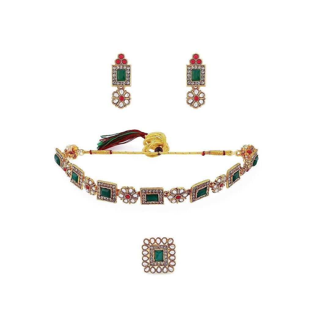 ZAVERI PEARLS Зеленые и розовые камни Этнический воротник Костяное ожерелье Серьги и кольца Набор для женщин