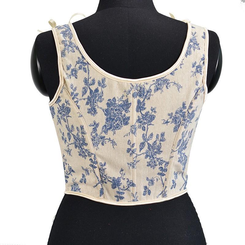 Women's French Strap Corset Retro Orchid Printed Lace Vest Top