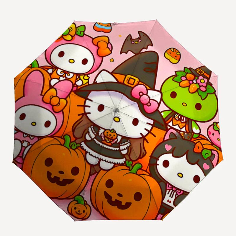 1pc Hello Kitty Halloween Pumpkin Carving Automatic Opening/Closing Umbrella with Foldable Design, 8-Bone Iron Frame Outdoor Umbrella for Festive Gift