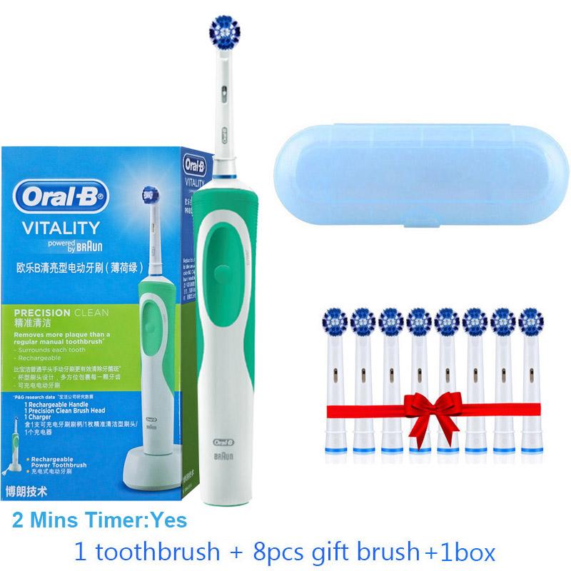 Электрическая зубная щетка Oral B Dual Clean с вращением и вибрацией Перезаряжаемая зубная щетка Oral B с 8 насадками + коробка для хранения