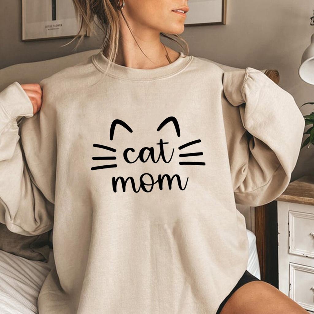 Толстовка Cat Mom Толстовки Cat Mama Подарок Cat Mom Женские толстовки с графическим рисунком Пуловеры с круглым вырезом с длинными рукавами Женский уличный топ