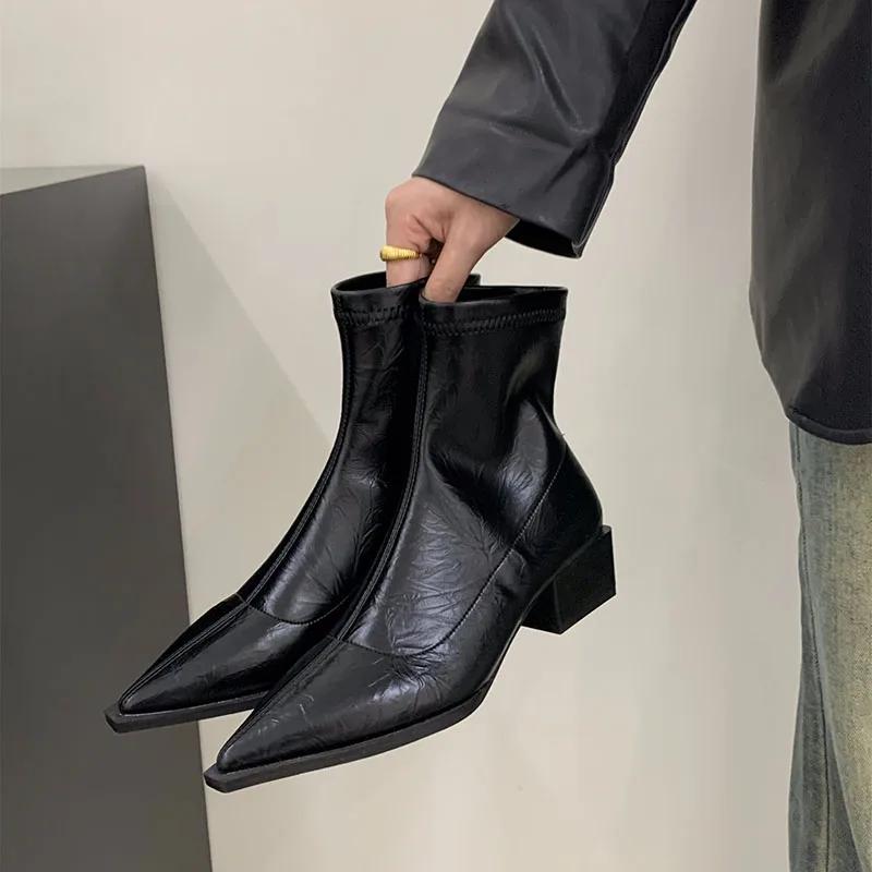 Женские узкие ботильоны с острым носком, модные женские элегантные ботильоны на квадратном низком каблуке с застежкой-молнией сзади, женская обувь