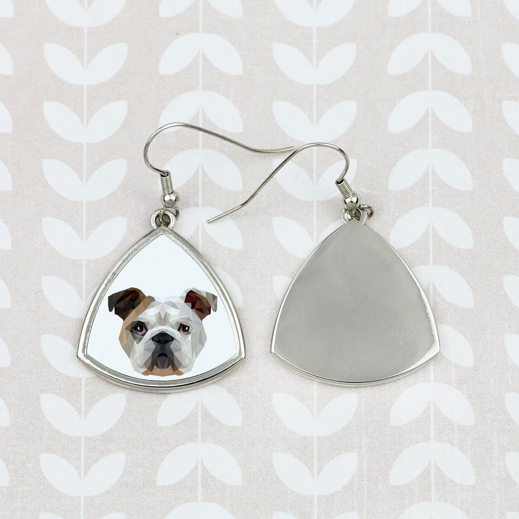 Buldog Angielski, Bulldog -Kolczyki Ze Zdjęciem I Napisem Geometryczne Pies Art-Dog