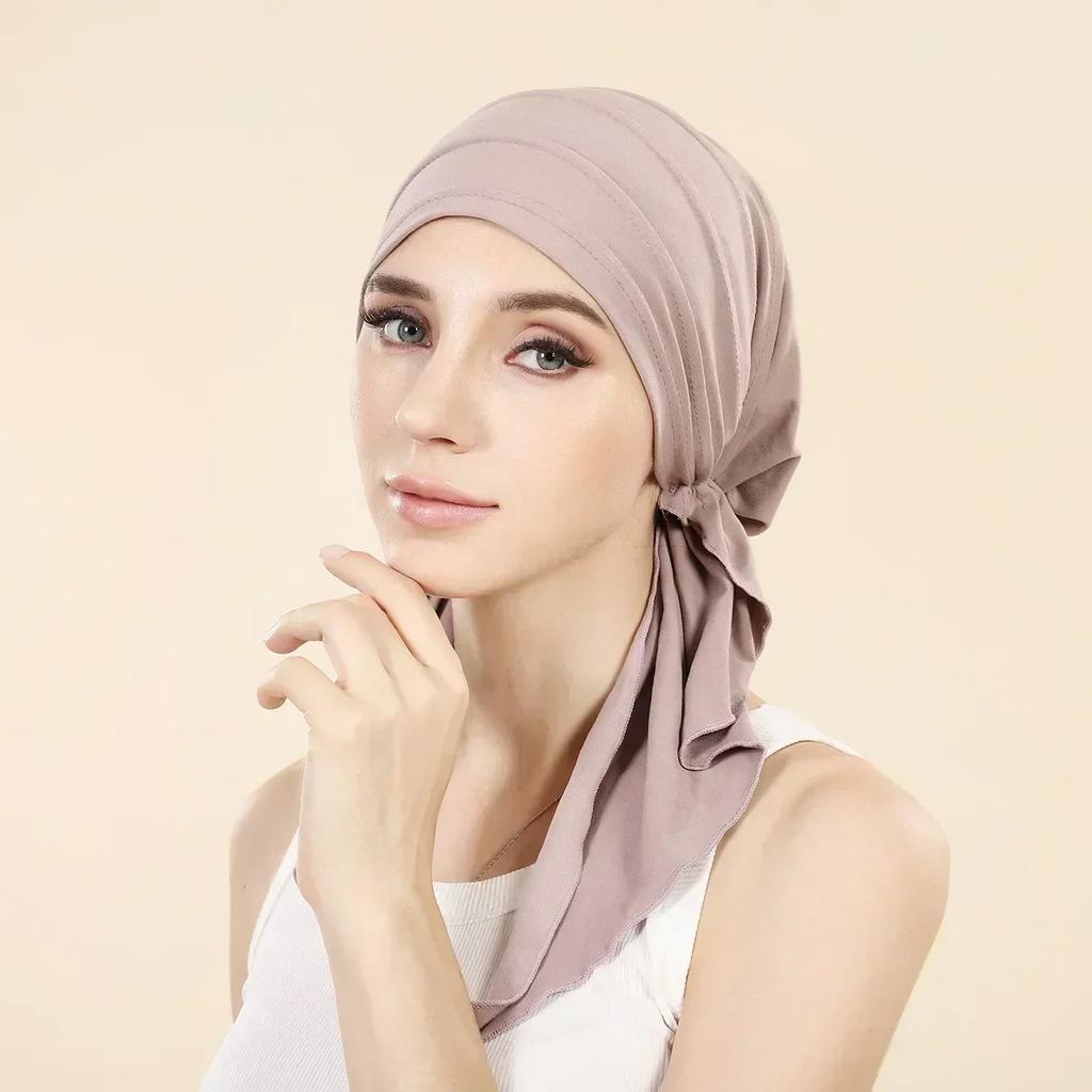 New Shimmer Pre-Tied Hat Women Muslim Hijab Turban Long Tail Headscarf Beanies Bonnet Hair Loss Chemo Cap Head Wrap Bandanas