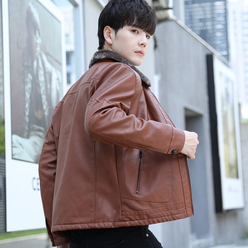 Men's Leather Jacket Autumn and Winter New Plush Insulation Jacket Trendy Motorcycle Leather Jacket Youth Fashion Label Clothes