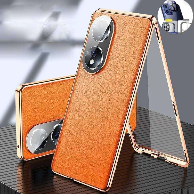 Чехол для Huawei P80 P30 P40 P70 Nova 14 13 Ultra Honor 200 100 90 80 70 Magic 8 Pro, Алюминиевый бампер с закаленным стеклом и кожаной задней панелью, Бамперы для телефона