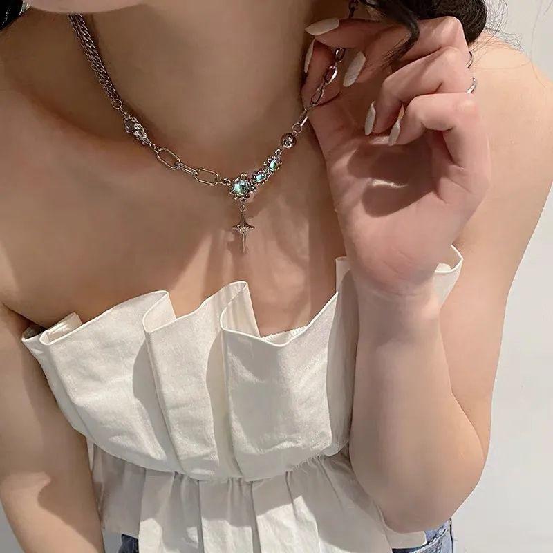 Y2K модное ожерелье из циркония, милая крутая девчачья панк-цепочка в форме сердца на ключицу для женщин, роскошное блестящее ожерелье со звездой, ретро-крест на ключицу, чокер, ювелирные изделия