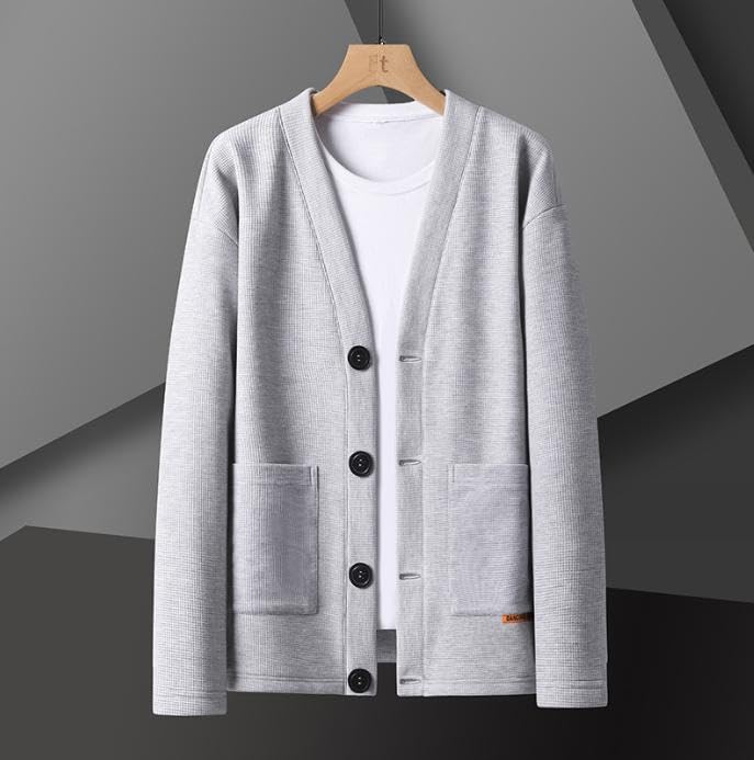 Emptio Simple Long Sleeve Korean Office Slim Half Washable Moe Waffle Light Gray Men's Cardigan, Washable, Warm, Knit, Oversized, Stylish, Wear, Fit,