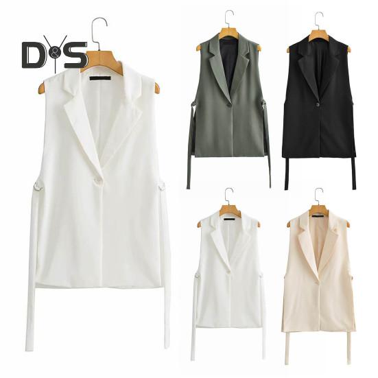 Women Vest Coat Turn Down Collar Sleeveless Loose Solid Color Single Button Cardigan Strap Decor Mid Length Commute Formal Suit Waistcoat