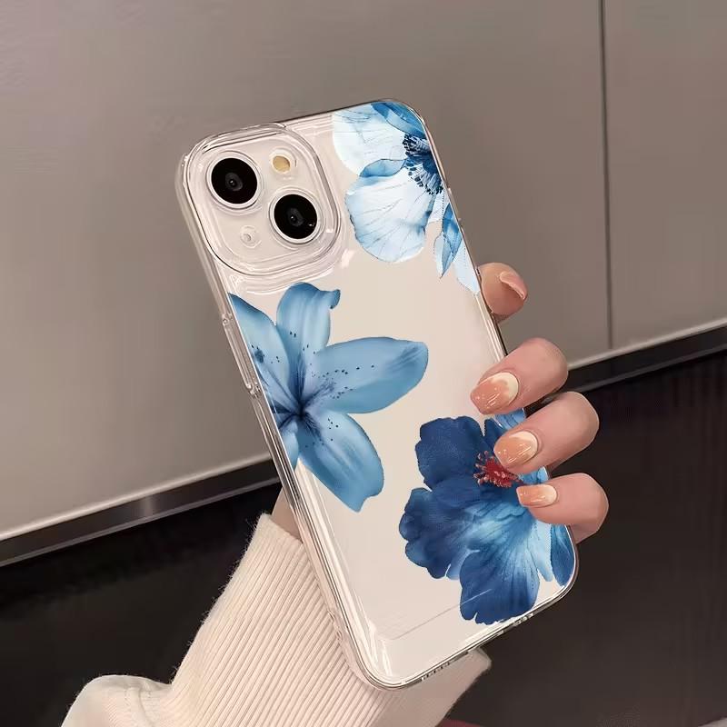 Чехол для телефона с принтом лилии и гибискуса для iPhone 17 16 16E 15 14 13 12 11 Pro Max X XR XS 7 8 Plus Мягкая прозрачная синяя крышка с цветами