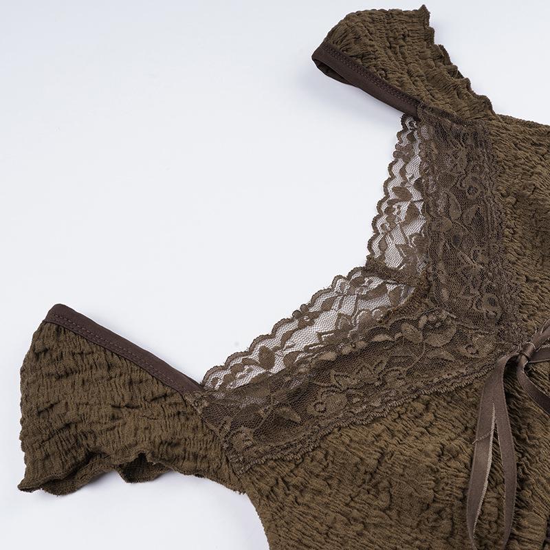 Милые кружевные топы, женская футболка с открытыми плечами и шнурком, корейская модная женская футболка, уличная одежда в стиле фея в стиле гранж