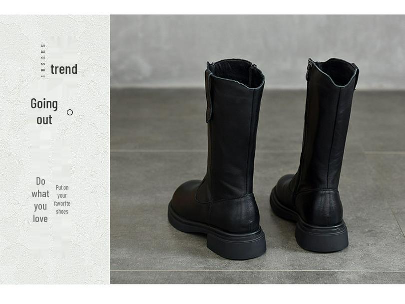 Ботинки-жокеи из натуральной кожи до середины икры с боковой молнией, женские ботинки на среднем каблуке из коровьей кожи с флисовой подкладкой, осень/зима 2025.