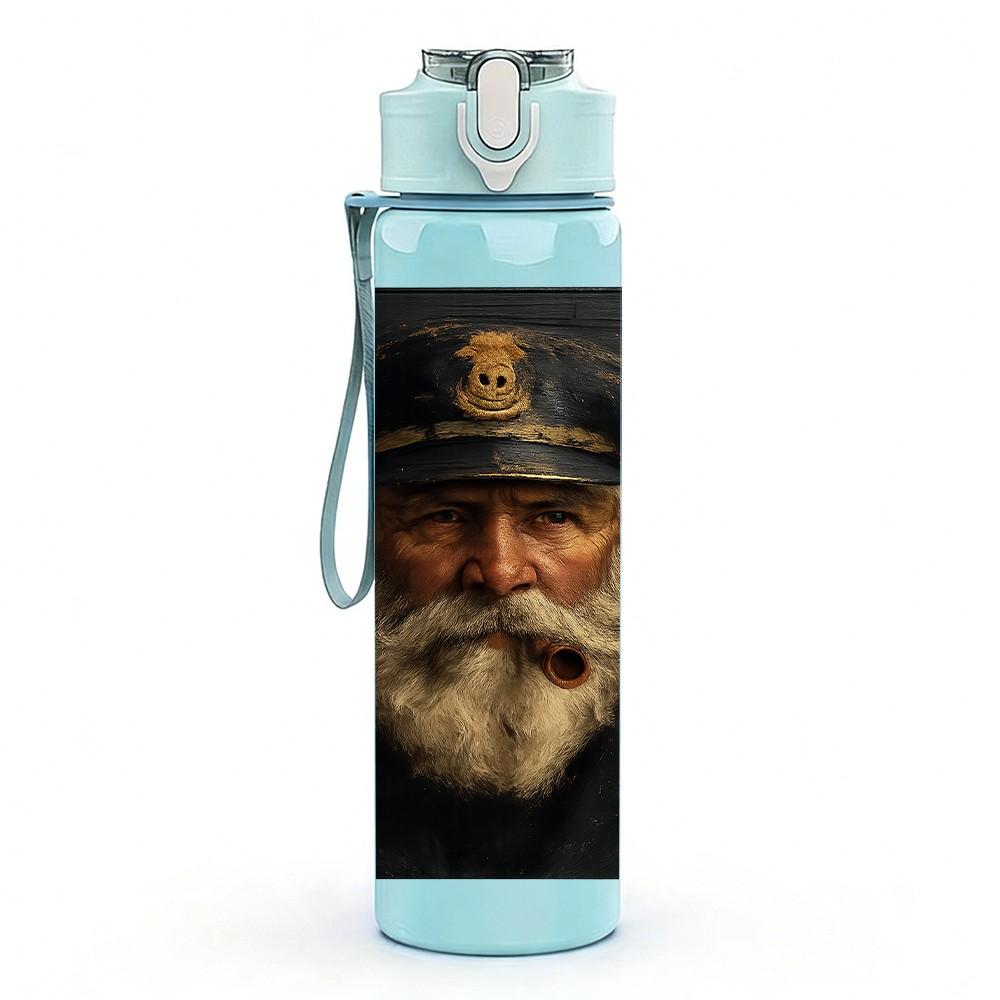 1PC Vintage Sea Captain Old Man Print 750ml Color Plastic Sports Water Bottle Leakproof Flip Straw Lid Suitable for Sports Office Home Use