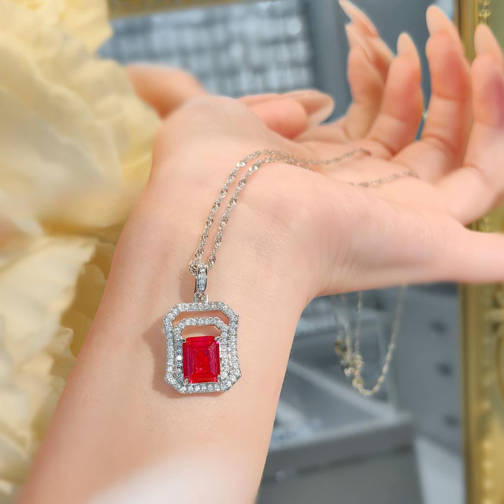 Autumn and Winter New Square Red Corundum Pendant Jewelry Set Retro High-end High-carbon Diamond Stud Earrings Necklace Women