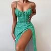 Spring new women's clothing, European and American dresses, sexy fashion printed lace-up split suspender skirts