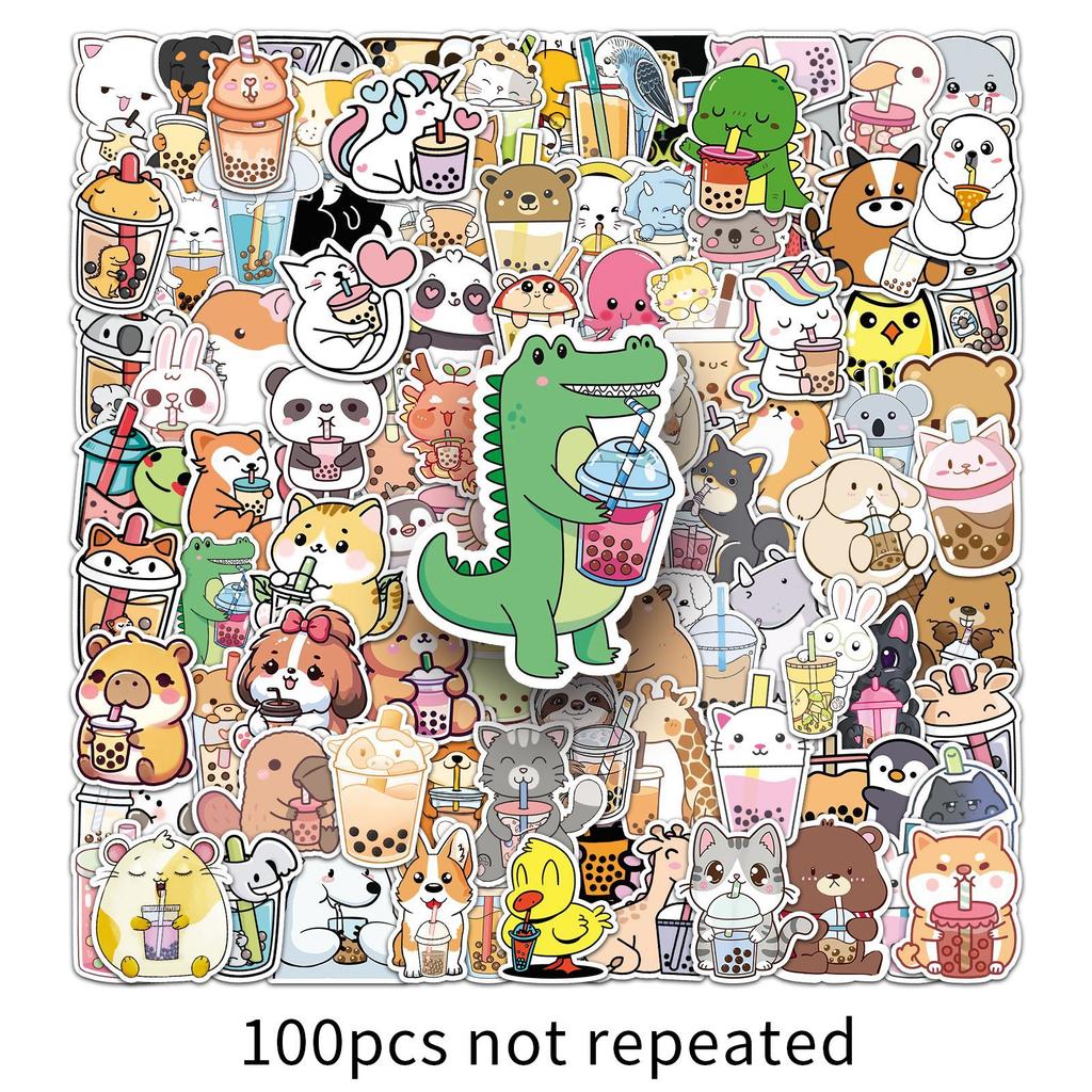 100 Pet Milk Tea Graffiti Stickers Cartoon Cute Animal Gum Creative Water Cup Mobile Suitcase Stickers