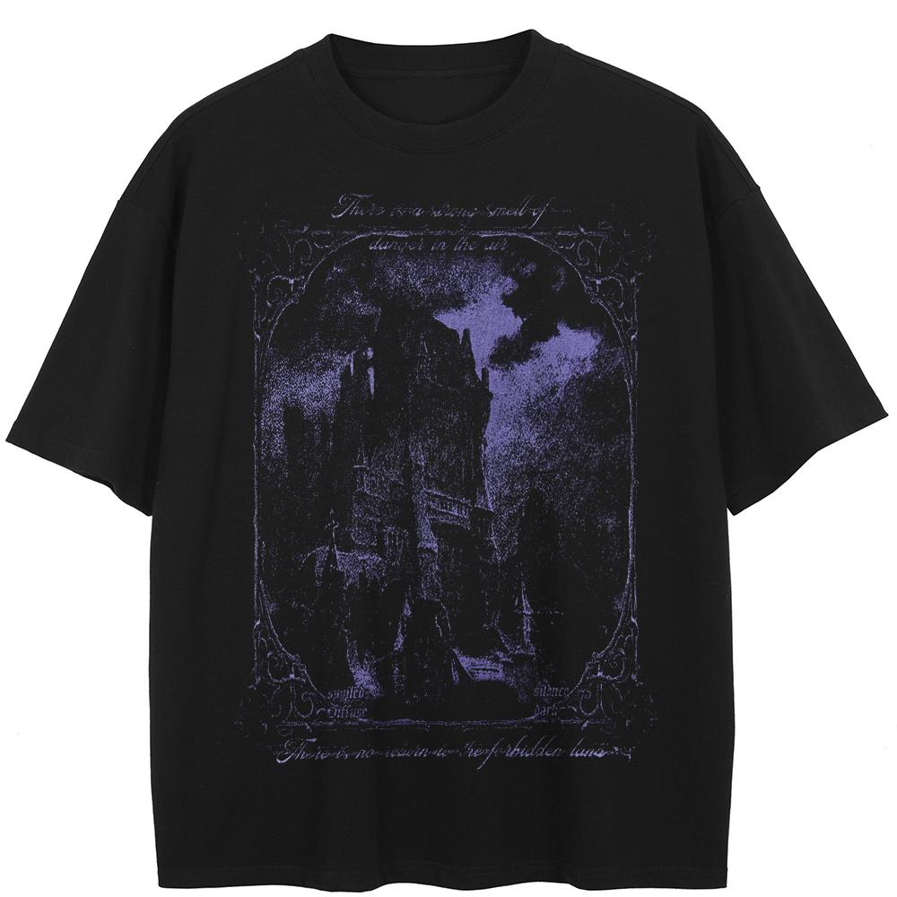 Уличная черная футболка с изображением замка, хлопковые топы унисекс, футболки, летняя футболка с короткими рукавами