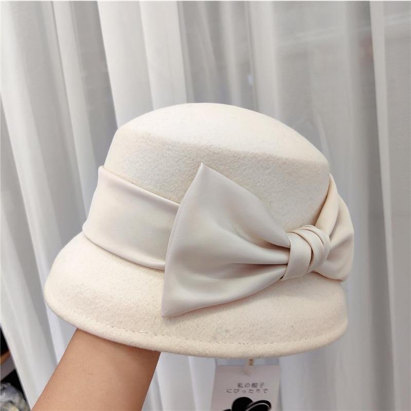 202308-2508937 Japan Ins Dropshipping Winter Wool Felt Hepburn Grace Bowknot Ribbon Lady Bucket Cap Women Leisure Fishermen Hat