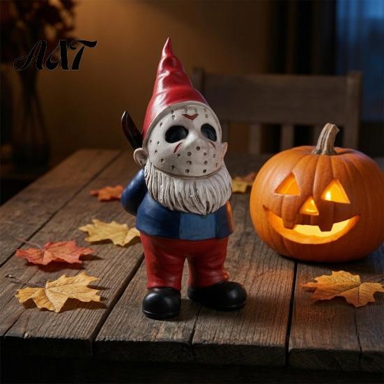 Seasonal Festive Home Ornaments Halloween Voorhees Resin Figurine, Cute Horror Hockey Mask Gnome Statue Creative Desktop Shelf Figurines with