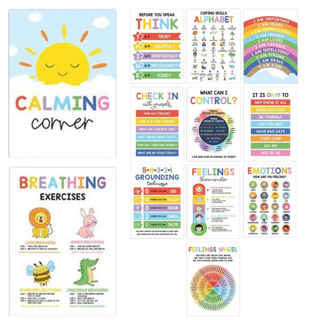 New Calming Corner Posters 12 Pieces Mental Health Posters Classroom Emotions Chart Wall Art for Daycare Library Program Space