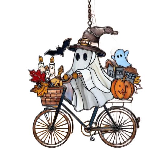 Halloween Pendant Witch Ghost Ride Shape Pendant Image Stained Glass Window Hanging Ornament Festivals Halloween Decoration