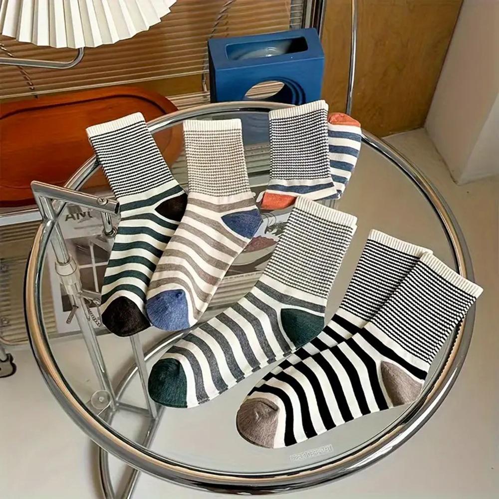 5 пар женских цветных полосатых гольфов средней длины, модные, с горизонтальной полоской, удобные, дышащие, повседневные носки с круглым вырезом