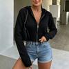 Женский вафельный короткий вязаный кардиган-свитер с капюшоном и двойной молнией