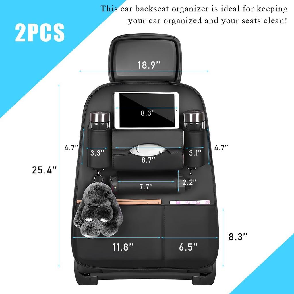 2 PCS Car Seat Back Organizer, Premium Leather Seat Back Protector with Storage Pockets, Waterproof Hanging Vehicle Storage, Universal Car Organizer