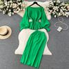 Autumn Knitted Female Suits Women Long Lantern Sleeve Elastic Waist Pullover Tops+Bodycon Split Skirt Solid Elegant Sweater Set