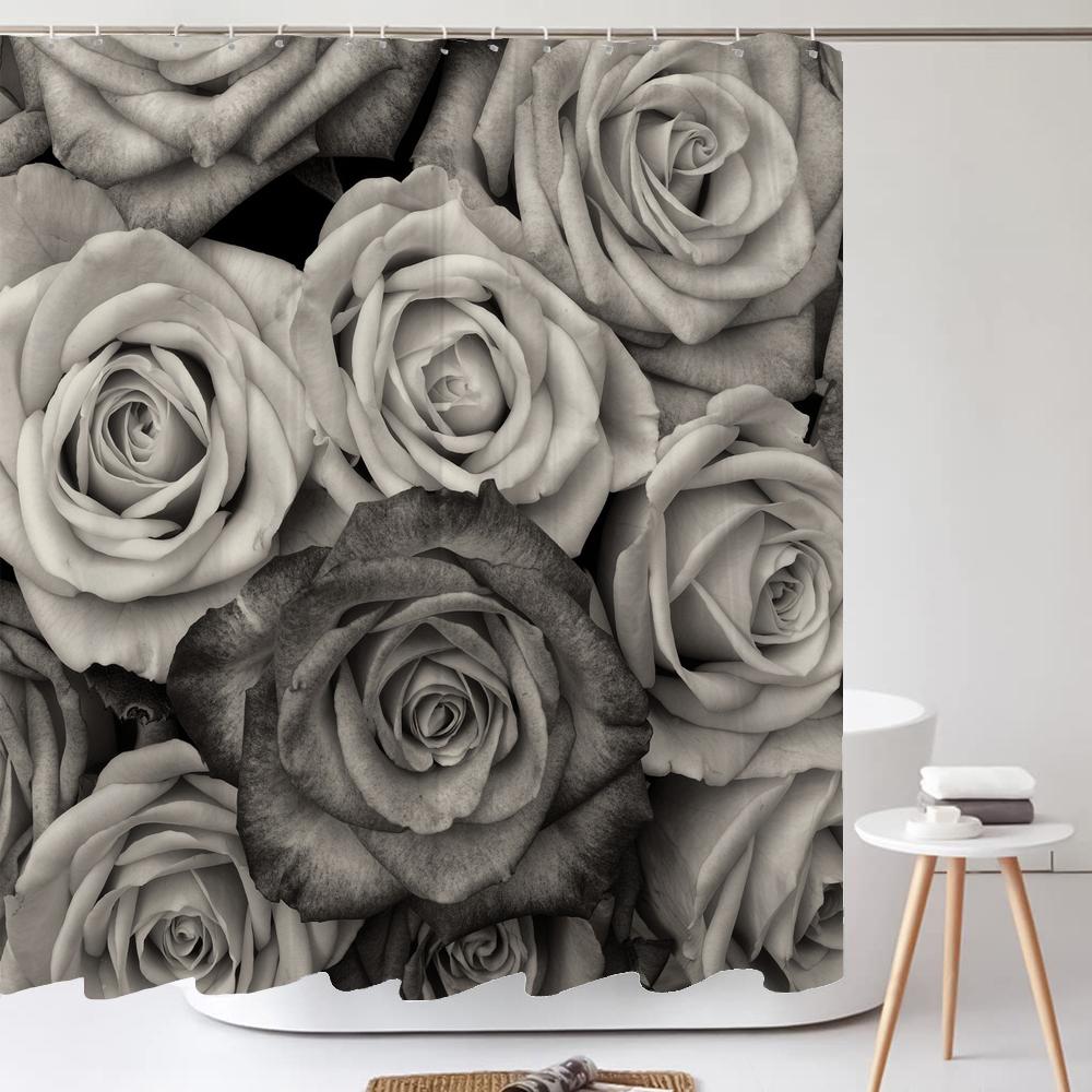 1Pcs Pink flower printing waterproof shower curtain, Rose flowers wall bathroom decorative curtain with plastic hooks