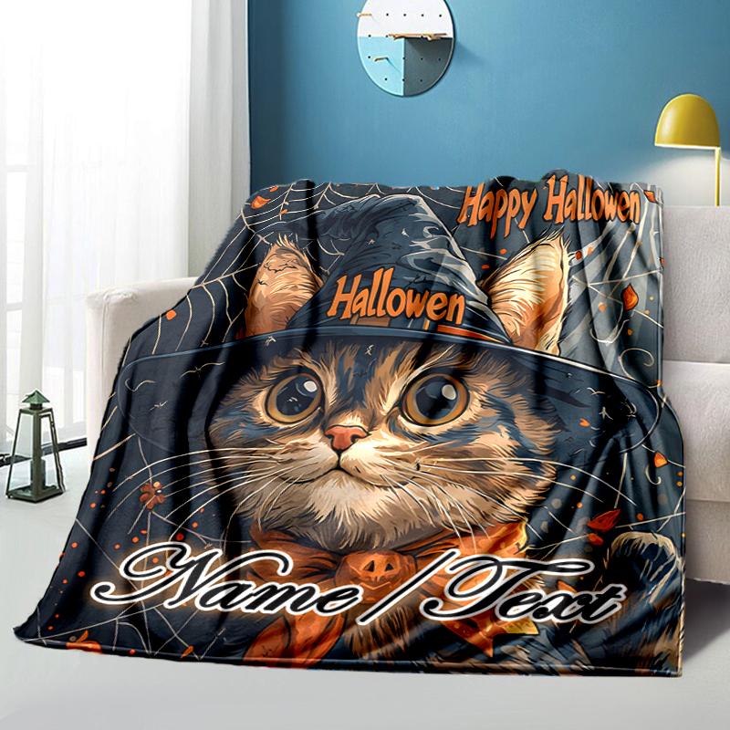 1PC Custom Name Halloween Cat Hat outdooor Flannel blankets Throw Blanket All-Season Throw Gift Bedspread for Couch, Bed, Camping Holiday Birthday gif