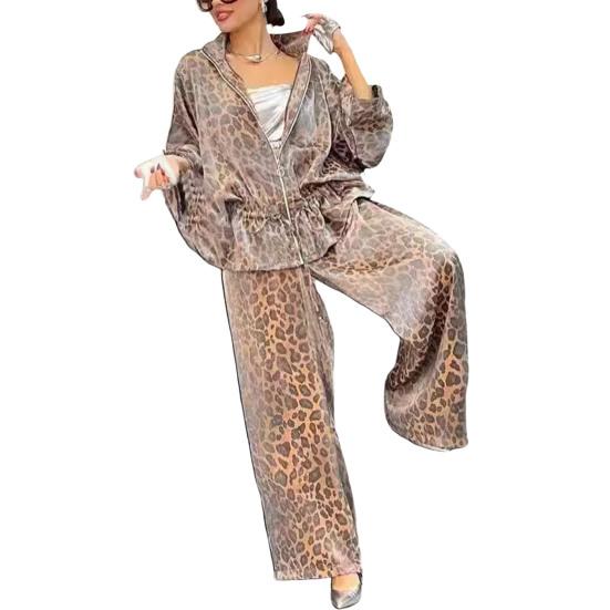 Комплект из 2 предметов: женская рубашка и брюки, леопардовый принт, застежка-молния, длинный рукав, плиссированный топ, свободные широкие брюки, рабочая одежда для поездок на работу
