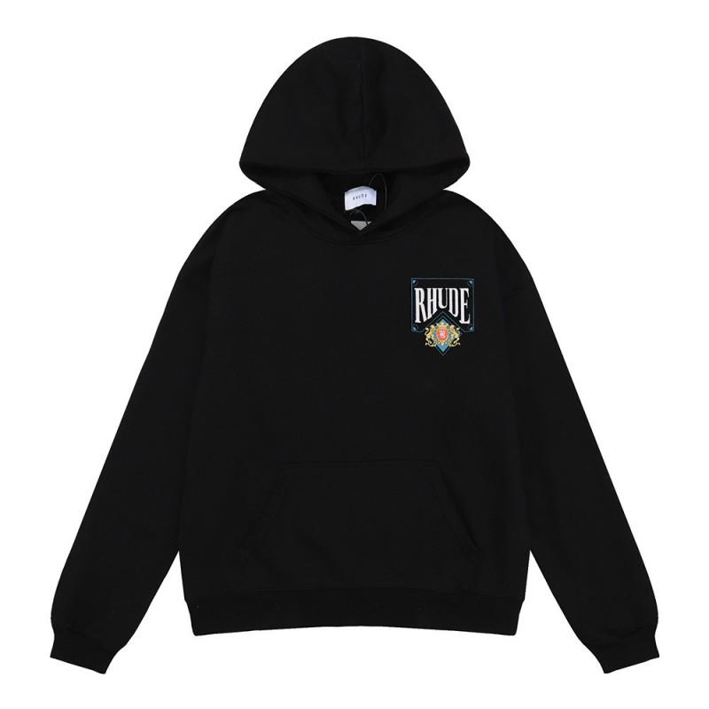 Rhude Letter Print Fleece Hoodie Oversized Fit Men Women Streetwear