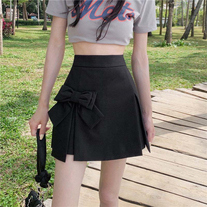 Bow Design High Waist Women A-line Pleated Skirt Grey Suit Skirts Elegant Temperament Sweet Casual Spring Summer Korean Fashion