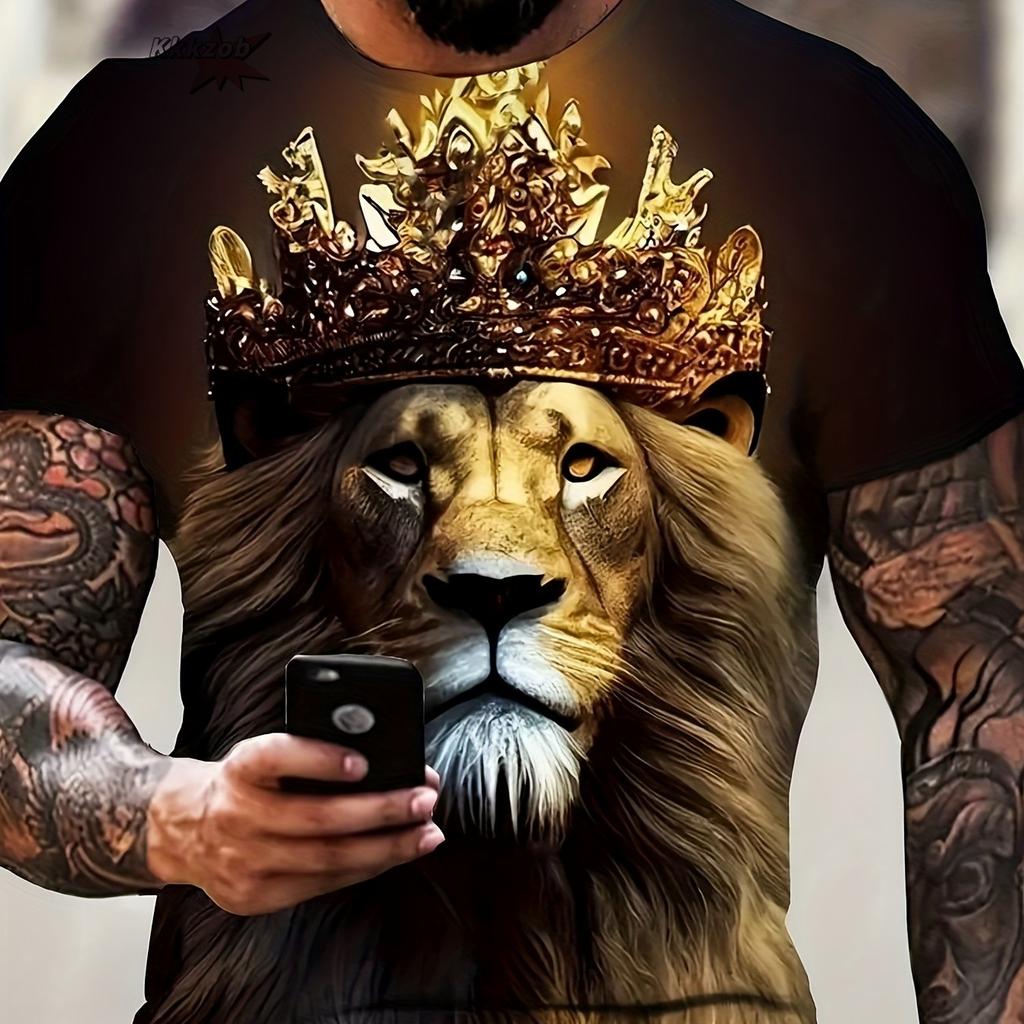 Handsome Lion Print 3D Pattern Printed Men's O-Neck Short Sleeve Casual Fashion Street Men's Large Size T Shirt Sports T-Shirt