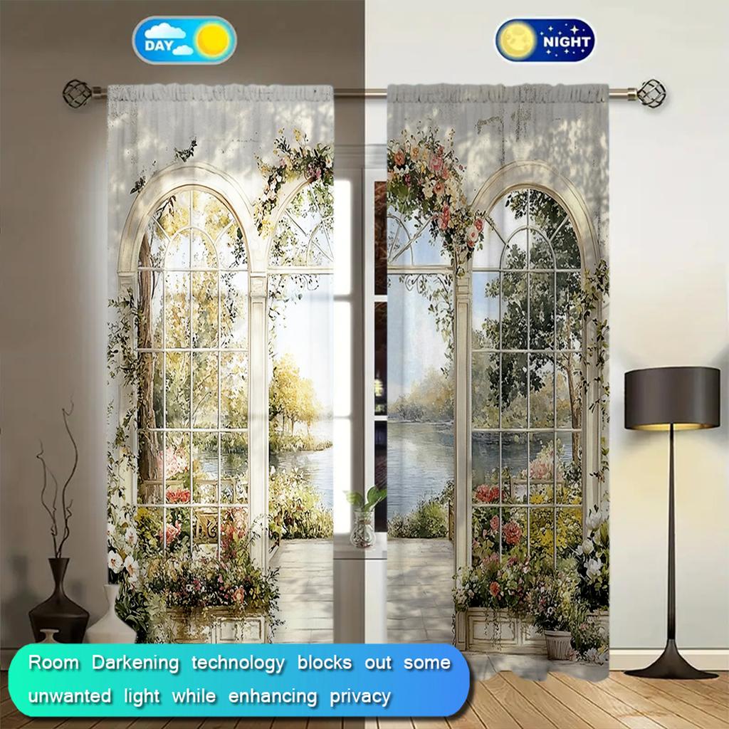 2pcs French Garden Oil Painting Printed Curtain for Home Decor - Rod Pocket Window Treatment for Bedroom, Office, Kitchen